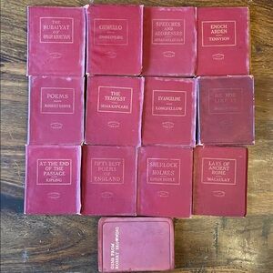 12 Little Leather Library Books Miniature Library” Red Covers Vintage Antique